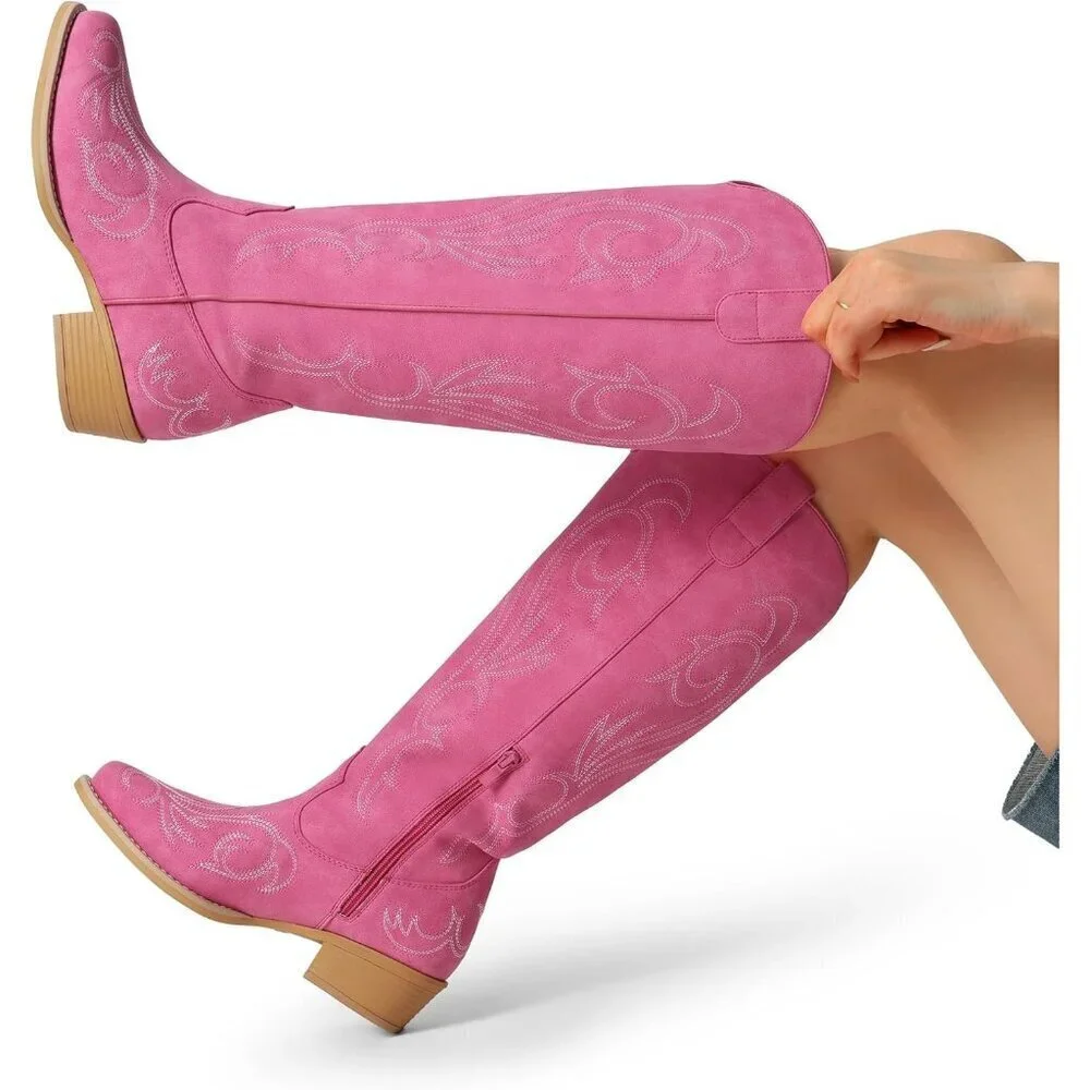 Women Faux Leather Hot Pink Knee High Chunky Heel Side Zipper Embroidered Boot